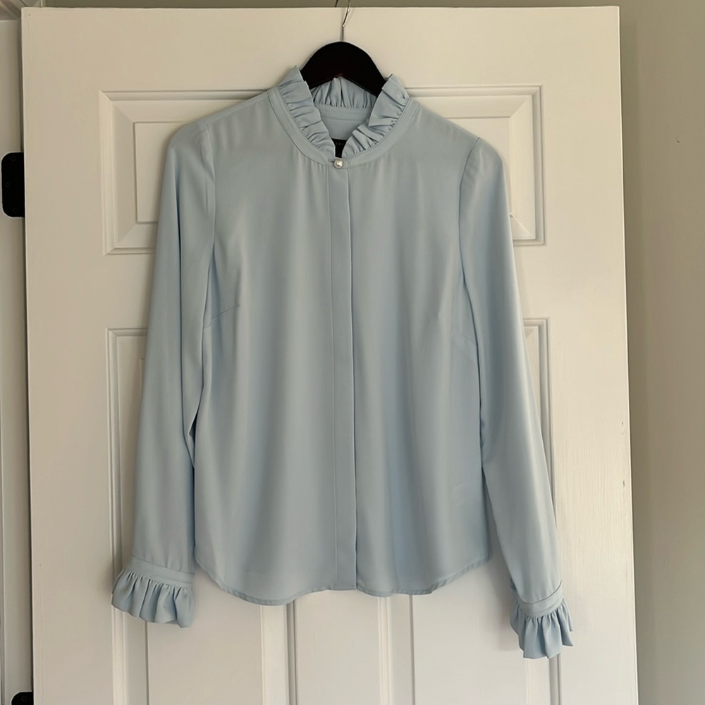 Blue Long Sleeve Ruffled Blouse with Mandarin Collar and Pearl Accents